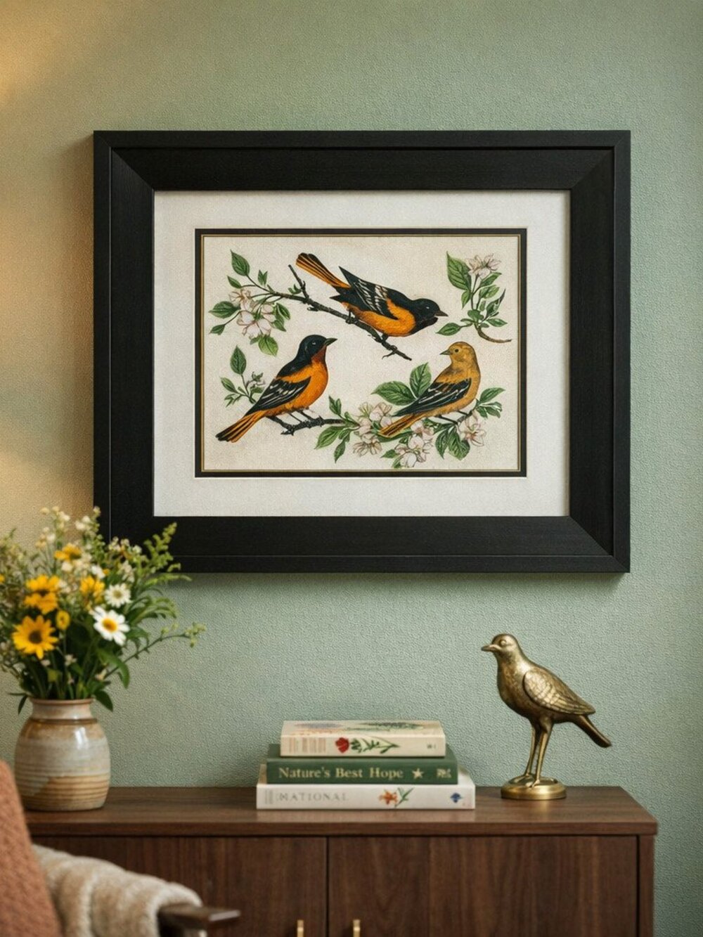 Original Art Print Orioles Birds Framed AI Generated Botanical OOAK 13 x 11 in